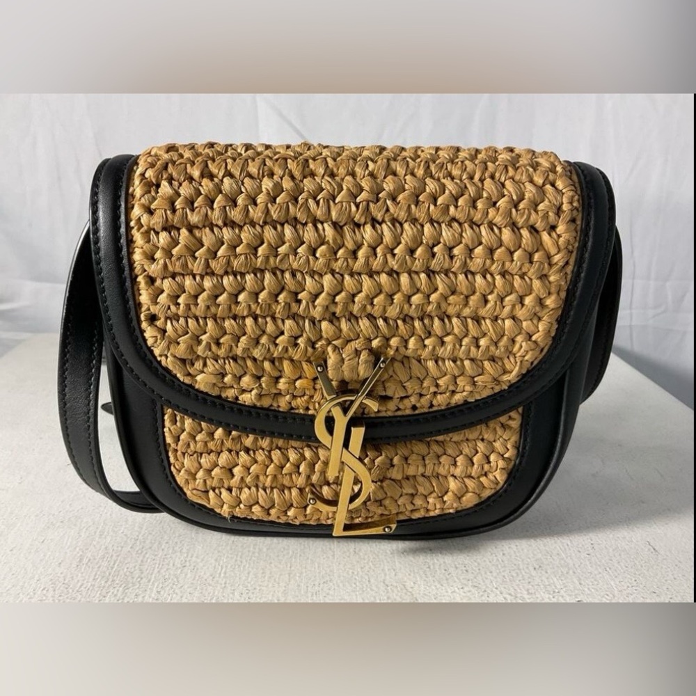 Saint Laurent Kaia Tan Raffia Crossbody w/ Black Leather Trim and Gold YSL Logo